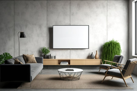Front view of a modern living room that includes furnishings and a TV frame that is empty and hanging on a concrete wall. a mockupの素材