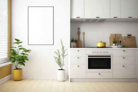 Front view of bright kitchen with two empty white posters, cupboard, gas cooker, oil, oak floor. Minimalism. Idea space. Mockupの素材