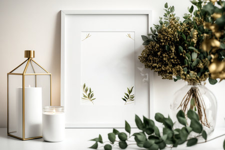 Home interior with decor elements. Mockup with a white frame and branches with green leaves in a vase on a light backgroundの素材