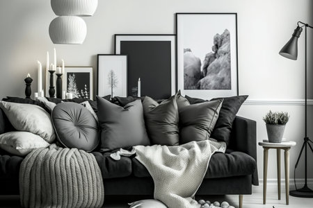 Grey and black pillows on comfortable corner sofa in fashionable scandinavian living roomの素材