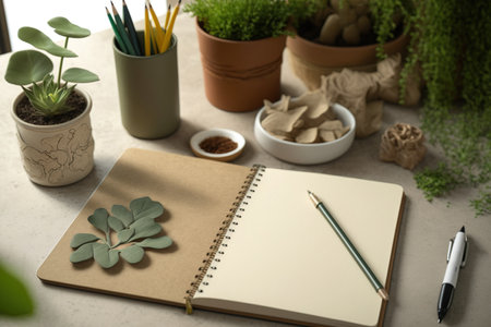 Green plants with an open sketchbook on a cork desk. Panoramaの素材