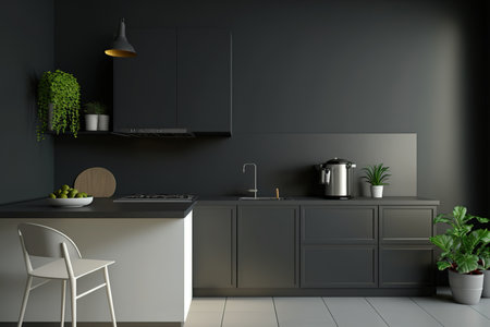 Kitchen with gray walls, black and gray counters, a sink, and a little section of blank wall. a mockupの素材
