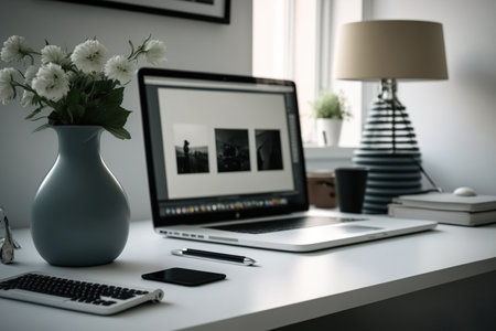 In a contemporary home office, a laptop and vase are presentの素材