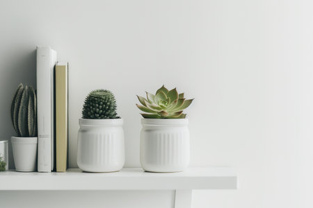 Two succulent plants on white desk or shelf with white wall for copy space. Photoの素材