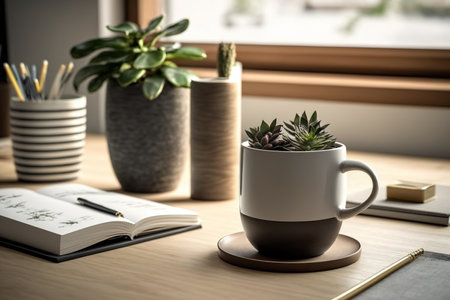 Interior of a home office. On a wooden table are books, a pencil holder, a coffee cup, and a potted plantの素材