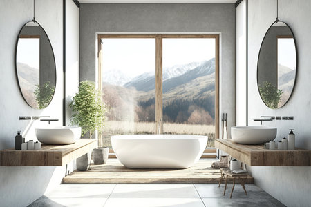 Gray and wooden bathroom interior with a concrete floor, a panoramic window, a white bathtub and two sinks. A poster. mock up double exposure toned imageの素材