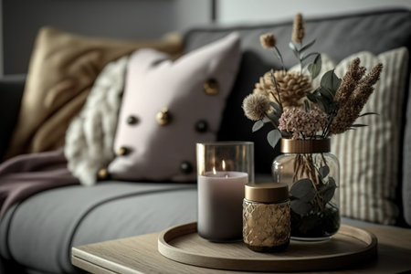 Home interior decor in gray and brown colors glass jar with dried flowers, vase and candle on the wooden tray on the coffee table over sofa with cushions. Living room decorationの素材