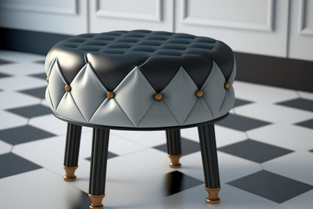 Illustration of a metal, four-legged stool with text, leather, and cloth on topの素材