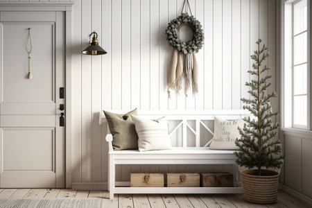 Holiday farmhouse entrance. White wall and wooden bench nearby. Mockup of an interiorの素材