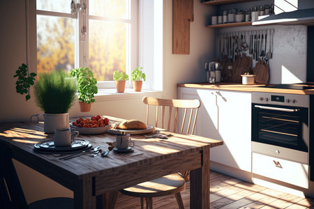 Homeowners appreciate healthy cuisine, as seen by the modern, warm domestic kitchen with fresh vegetables on the dining table. loan mortgage Concept of a new studio apartment for rent, furnitureの素材