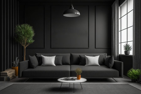 Black loft living room mock-up with sofa and furnitureの素材