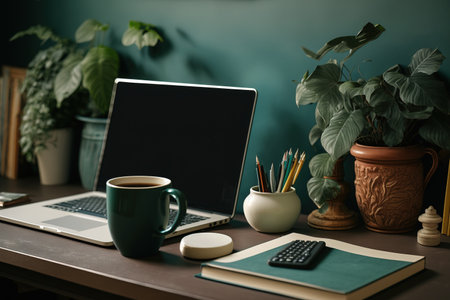 Dark green wall, home office desk in the corner, office supplies, tool cup, notes, and books. Homeschooling as an idea. modern, artistic workstationの素材