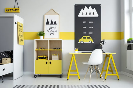 In a nice kindergarten environment, a poster is above a white cabinet with a yellow clock between a skateboard and a wooden deskの素材