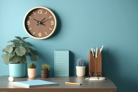 Inventive desk at home with wooden supplies against a blue wallの素材
