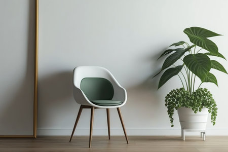 Indoors flat wall mockup with green potted houseplant and chair in minimalist style. Interior in airy light scandinavian style with wooden floorの素材