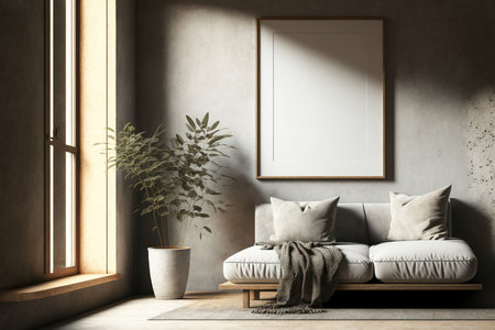 Illustration of a square wooden frame in a warm, neutral wabi sabi home with a low sofa and dried grass in a vase against a background of a concrete wallの素材