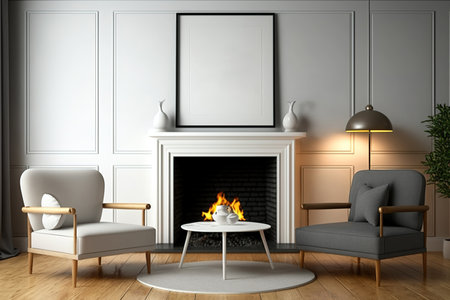 In a gray seating area, there are two mock up frames. Fireplace, round coffee table, two chic armchairs, light, and parquet floor in living room. concept for contemporary styleの素材