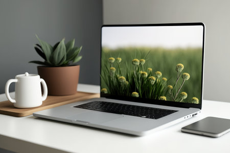 In a minimalist Scandinavian style setting, a laptop with a blank screen is on a tableの素材