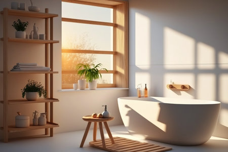 Interior of a bathroom in the sun with a bathtub, a chair, and body care items in a wall niche. Interior minimalism design idea. Mockup. Toned pictureの素材