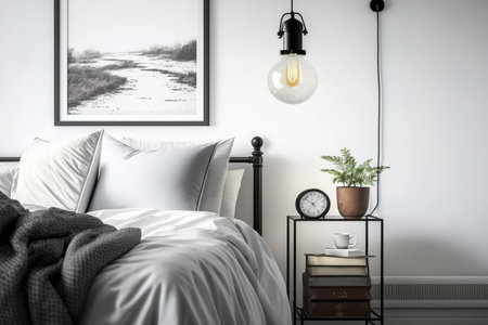 Industrial lamp on nightstand table next to king size bed in white bedroom interiorの素材