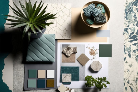 Interior designer moodboard in a creative flat lay composition with panels, cement tiles, textile and paint samples. Green, grey, and beige are the colors used. Copy space Templateの素材
