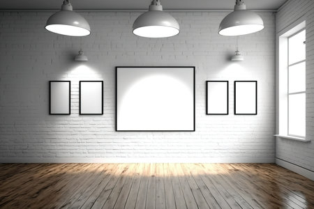 Interior gallery for mocap. rough white brick wall. light colored wood parquet. paintings with a white background and floodlightsの素材