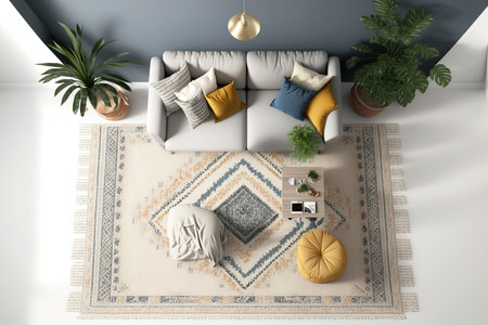Interior mock up for carpet. Room interior in contemporary, boho style. Top view. Free, copy space on the floor for your carpet or rug design. Modern templateの素材