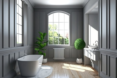 Interior of a gray bathroom with a hardwood floor, a white bathtub, a sink, multiple closets, and a small window with vegetation in the background. a mockupの素材
