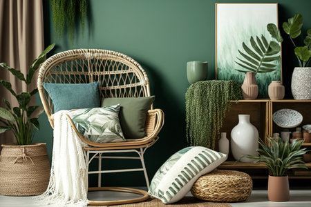 Interior design of living room at modern home with stylish rattan armchair, pillows, plaid, beige macrame, wooden cubes, tropical plants and elegant accessories. Design home decor. Eucalyptus wallsの素材