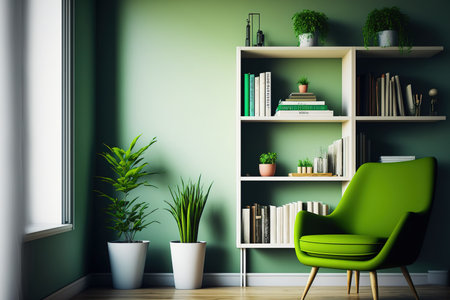 Interior design of a living room with a chair against a blank wall painted a light cream colorの素材