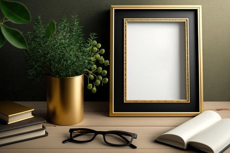 Interior mock up of a golden frame design with books and a tiny green plant in a jar on a white backgroundの素材