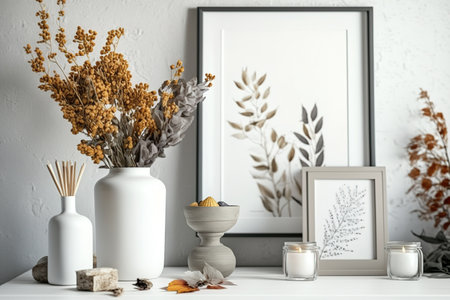 Interior design of living room with stylish dried flowers in vase, wooden coffee table, mock up poster frame, decoration and personal accessories in modern home decorの素材