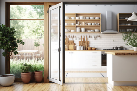 Interior design, architect designer concept, blurred background. White folding door opening on country rustic wooden kitchen with dining table, shelves with appliances, and potted plantsの素材