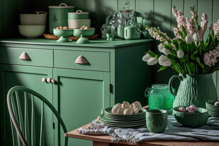 furniture and a green kitchen decor. Stylish food served with vases of flowers. wooden kitchen decorated for spring. cozy interior design. Plate, dishes, and kitchen tools are on the table. dining rooの素材