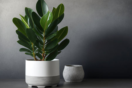 Zamioculcas zamiifolia, a green plant in a white flowerpot, is situated on a brown wooden floor next to a gray concrete wall. a yoga studio or residence with a simple interior. room for textの素材