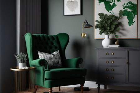 Interior of a grey living room with a wooden toilet and an emerald green wingback chair with a pillowの素材