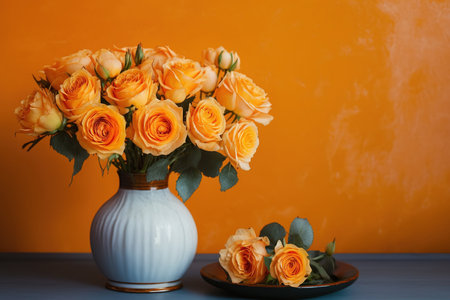 gorgeous orange roses in a vase on a table next to a colorful wallの素材