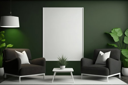 Interior of a dark living room with two empty white posters on a green wall, a sofa and armchairs on a concrete floor, a coffee table, and a carpet. idea for a welcoming meeting spot. a mockupの素材