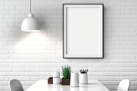 White picture frame on white brick wall. Graphic design conference room or co-working space interior design. pale. clippingの素材
