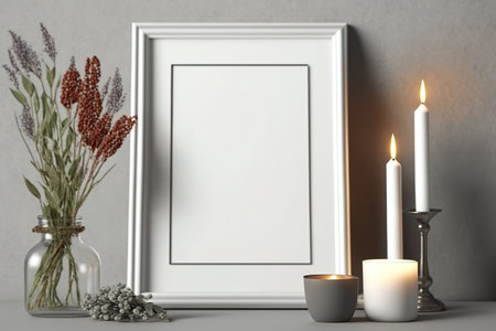 horizontal a4 empty frame on table with candles and dry flowersの素材