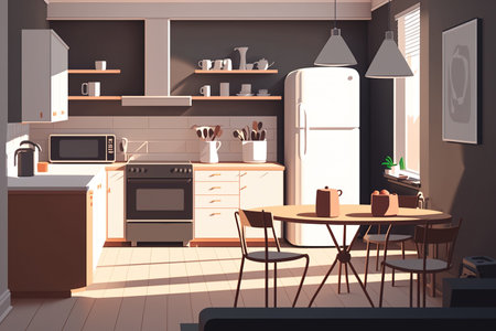 illustration of modern apartment interior design. The combined space of the kitchen and living room in a minimalist architectural style. concept for your future interiorの素材