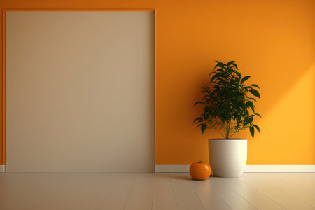 Interior of a barren room with an orange decorated molded panel, a wooden floor, a potted plant, and a copy space for modern architectureの素材