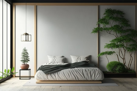 Japanese green bedroom mockup with zen bed plant and decorの素材