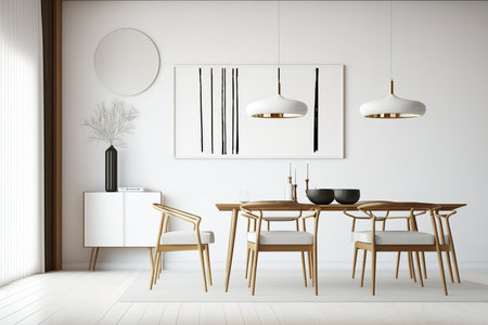 A light-colored dining room with wooden chairs, plates, and modest furnishings on a concrete floor. frameless canvas copy space,の素材