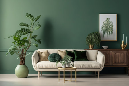 Interior of a living room with a wooden table in front of a beige couch against a green wall and a mockupの素材