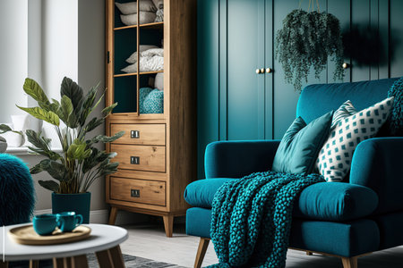 Interior of a living room with a wooden cabinet next to a turquoise armchair and a blue throw blanket on the sofaの素材