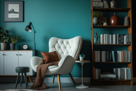 Interior of a living room including a cozy plaid covered white leather recliner, a three sided coffee table made of wood, a floor lamp, and a bookshelf mounted on a blue concrete wallの素材