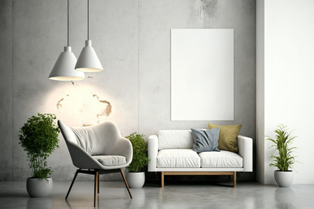 A living room with a concrete wall, a vertical poster, and a nice white chair. mockupの素材