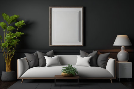 Interior of a living room with a coffee table, sofa, pillows, and empty picture frame against a background of a dark wallの素材