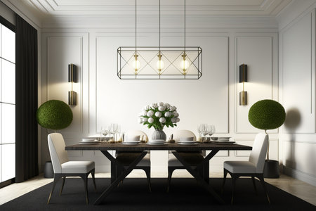 Interior of a white dining room with a carpet, a long table, black seats positioned around, and ceiling lighting. a mockupの素材